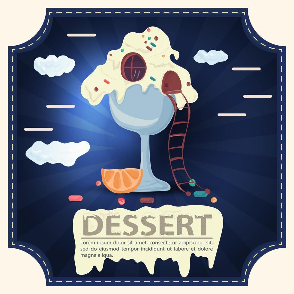 Ice cream house with the inscription dessert square sticker flat design vector