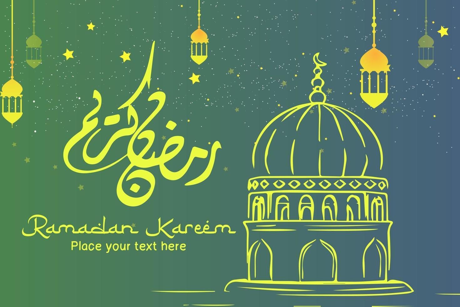 Ramadan kareem islamic greeting background design with silhouette mosque and arabic calligraphy vector
