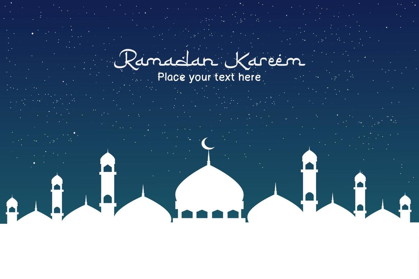 Ramadan kareem islamic greeting background design with blue sky and white silhouette mosque and arabic calligraphy vector