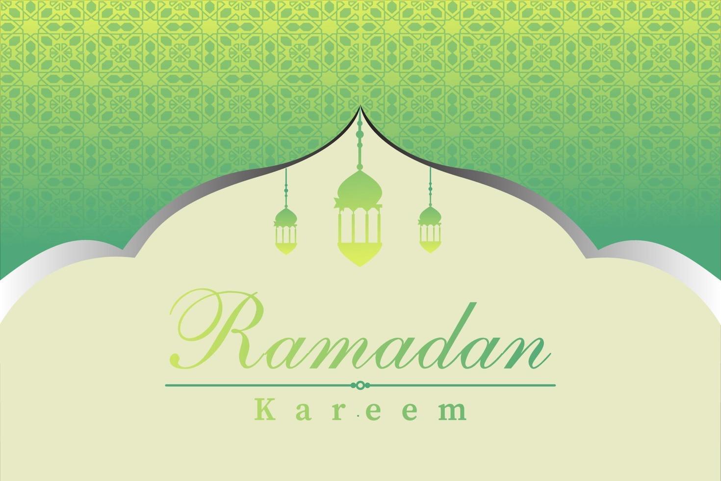 Ramadan kareem islamic greeting background design with mosque, lantern and arabic calligraphy pattern vector