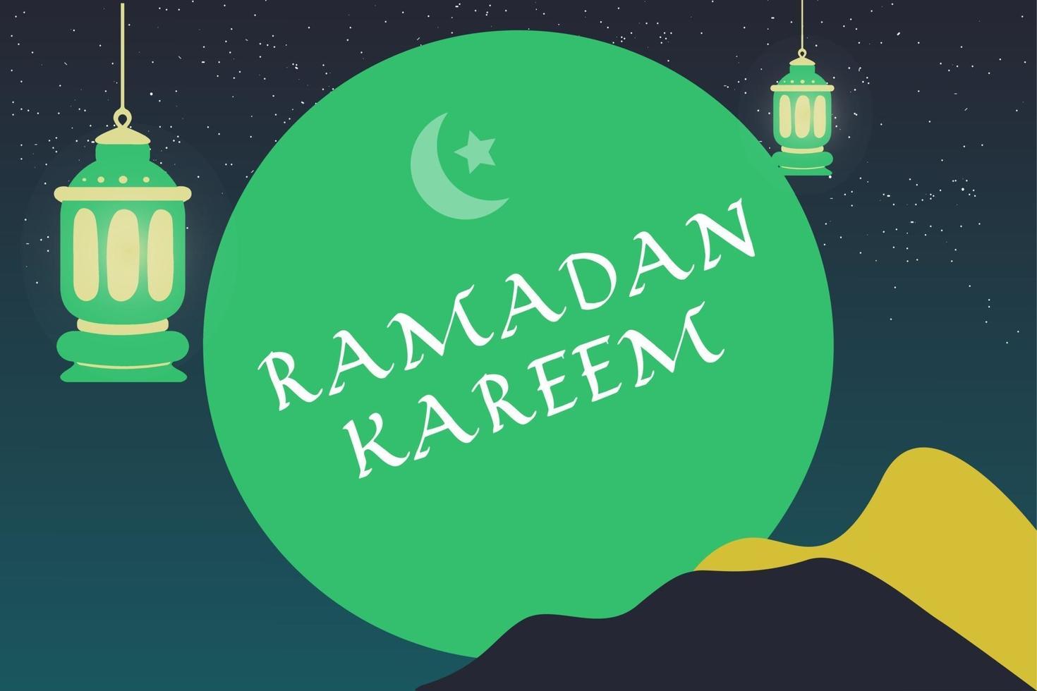 Ramadan kareem islamic greeting background design in night sky, silhouette mosque, lantern and arabic calligraphy with dark beautiful style vector