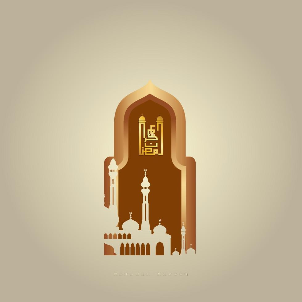 Caligrafía árabe de Ramadán Kareem con silueta de mezquita, luna creciente y linternas islámicas. Ramadán Kareem es un mes de ayuno para los musulmanes. vector