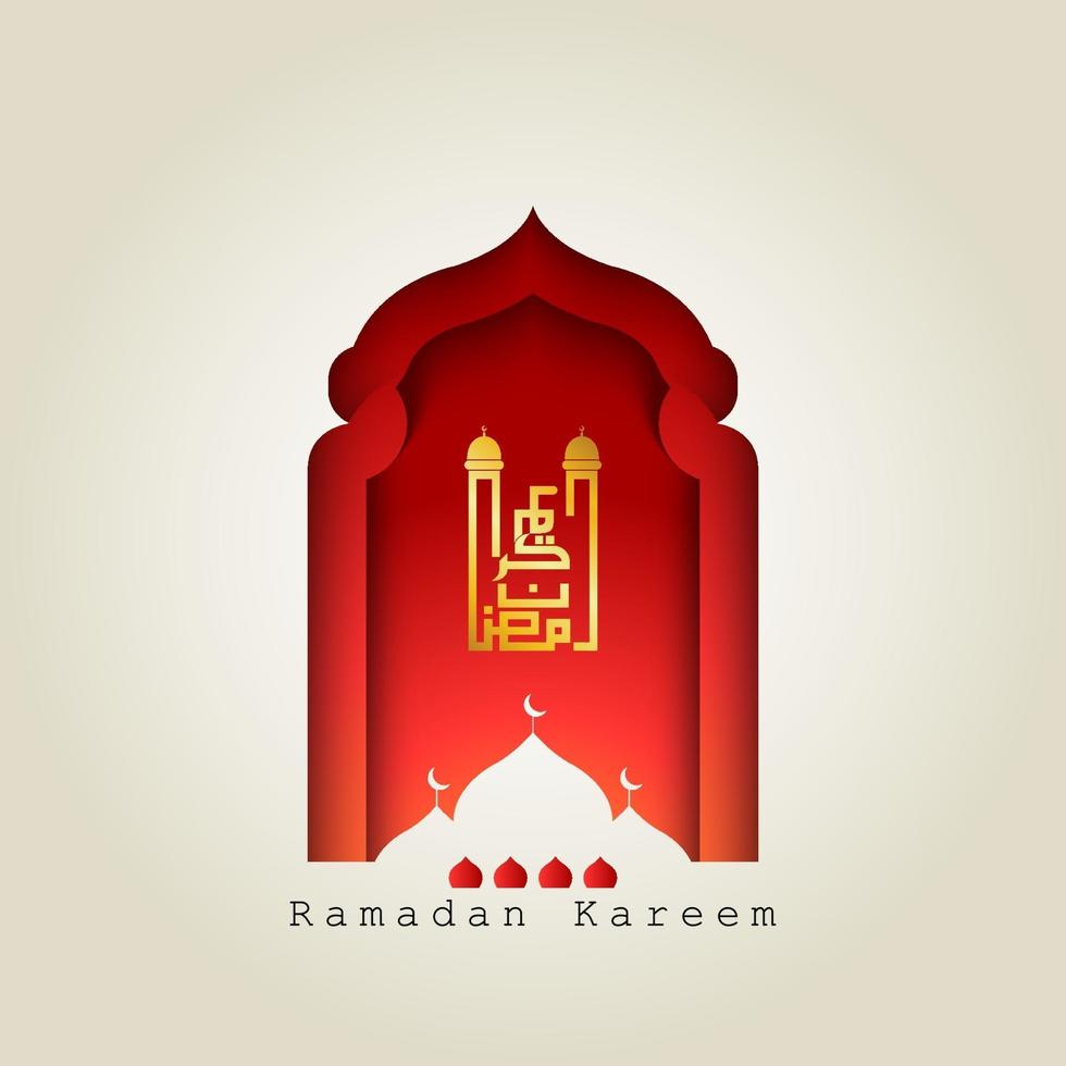 Ramadan Kareem Arabic Calligraphy with mosque silhouette, crescent moon and Islamic lanterns. Ramadan Kareem is a month of fasting for Muslims. vector