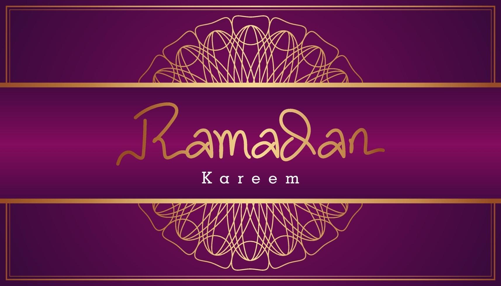 Beautiful purple and gold Arabic calligraphy Ramadan Kareem text and ornamental pattern design background. Vector Illustration