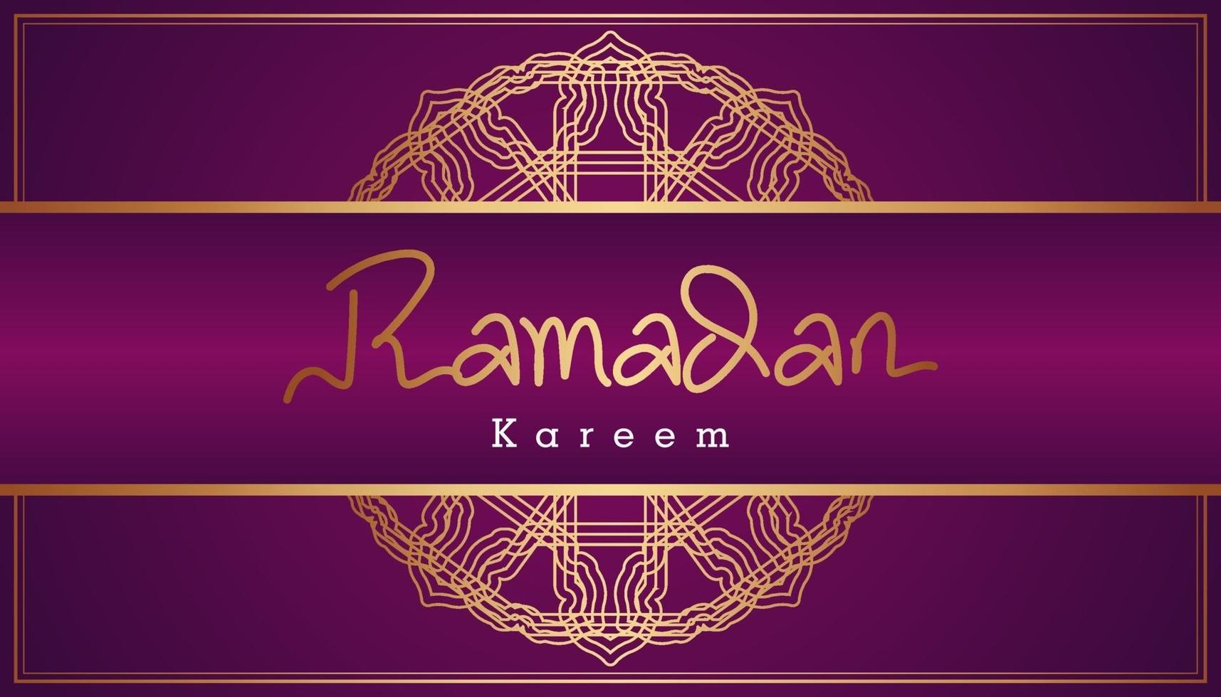 Beautiful purple and gold Arabic calligraphy Ramadan Kareem text and ornamental pattern design background. Vector Illustration