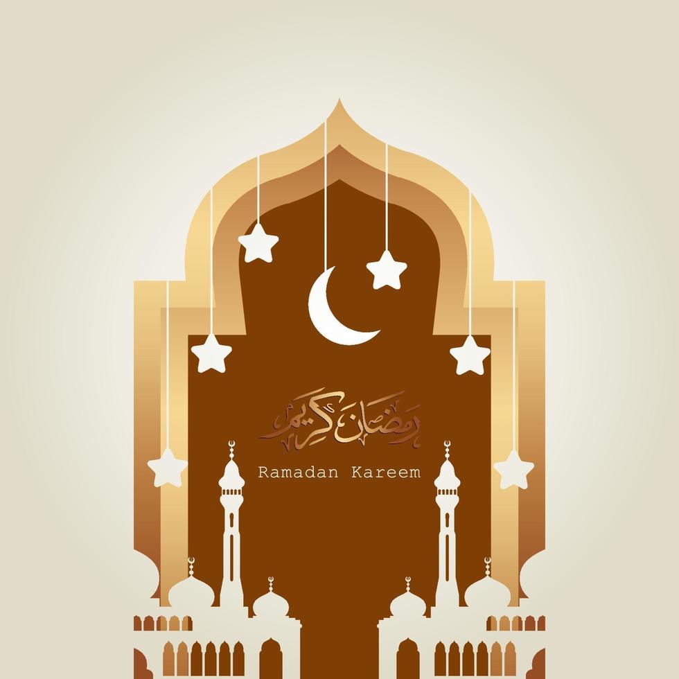 diseño islámico de ramadhan kareem con una luna creciente, linternas islámicas, la silueta de una cúpula de mezquita vector