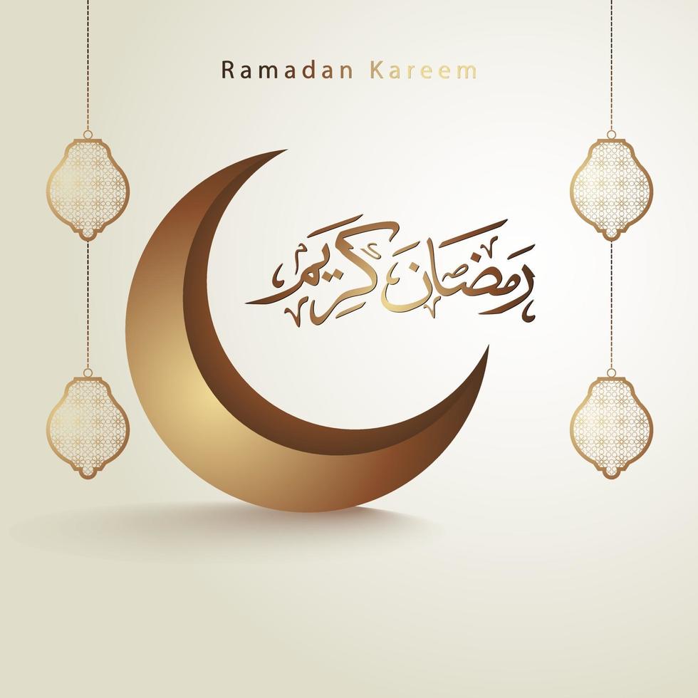 Ramadan Kareem Arabic calligraphy design with a crescent moon and islamic patterns and lanterns suitable for greeting cards and banners. vector