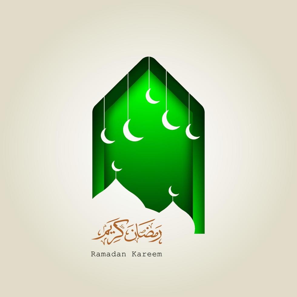 Islamic Ramadhan Kareem design with a crescent moon, Islamic lanterns, the silhouette of a mosque dome vector