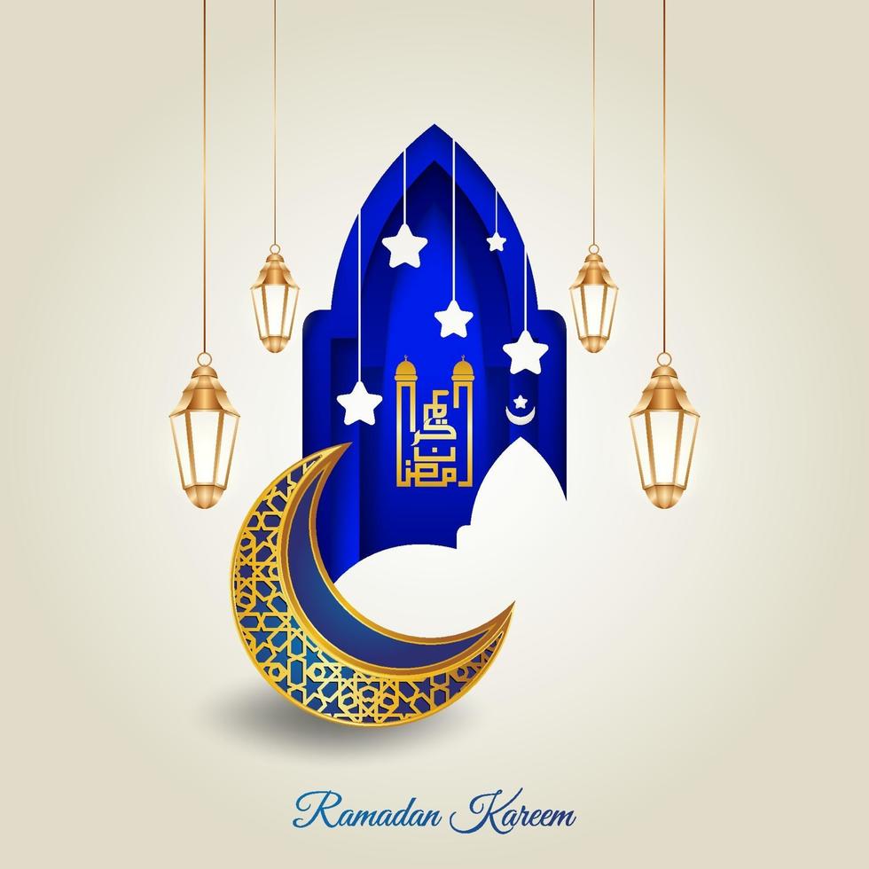 diseño islámico de ramadhan kareem con una luna creciente, linternas islámicas, la silueta de una cúpula de mezquita vector
