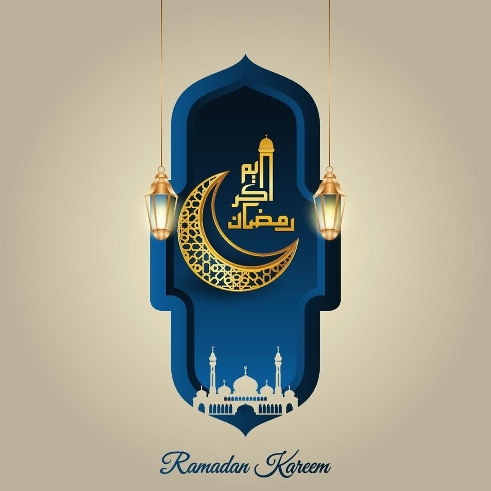 diseño islámico de ramadhan kareem con una luna creciente, linternas islámicas, la silueta de una cúpula de mezquita vector