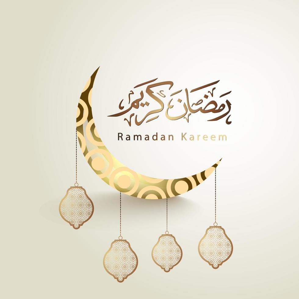 Ramadan Kareem Arabic calligraphy design with a crescent moon and islamic patterns and lanterns suitable for greeting cards and banners. vector