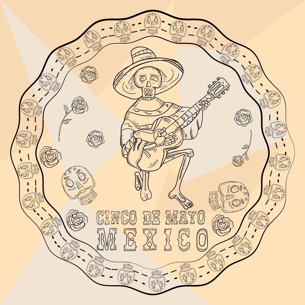 Ilustración de contorno pegatina de ornamento circular con calaveras tema mexicano para diseño de decoración y fondos vector