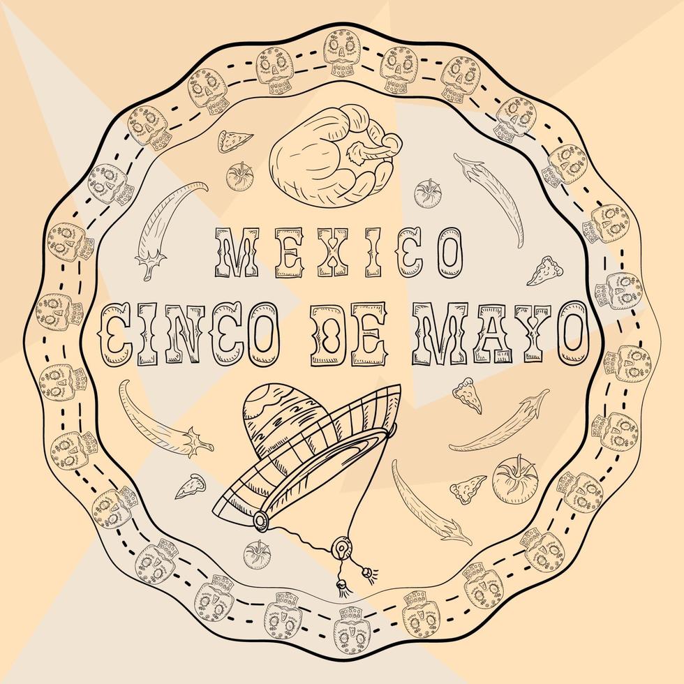 Ilustración de contorno pegatina de ornamento circular con calaveras tema mexicano para diseño de decoración y fondos vector