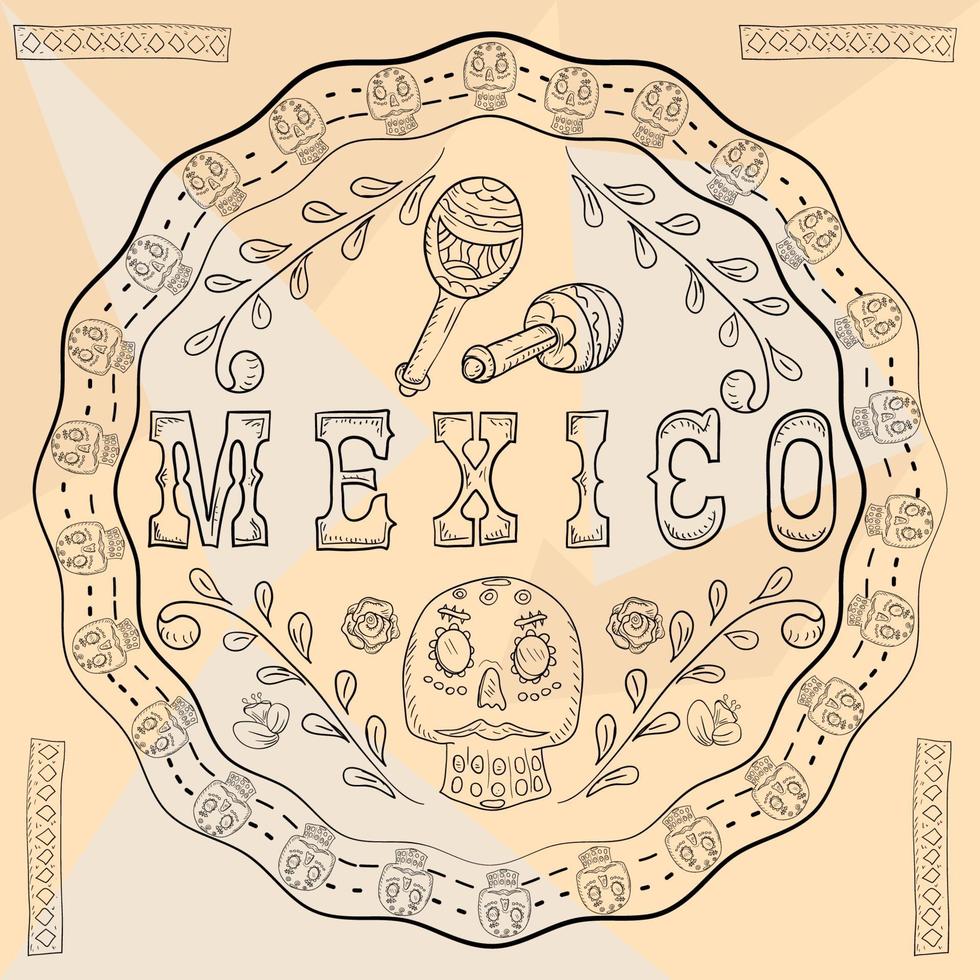 Ilustración de contorno pegatina de ornamento circular con calaveras tema mexicano para diseño de decoración vector