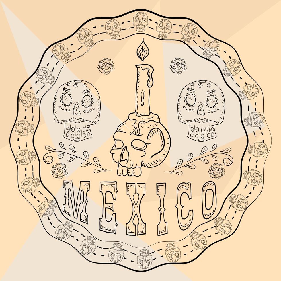 Ilustración de contorno pegatina de ornamento circular con calaveras tema mexicano para diseño de decoración vector