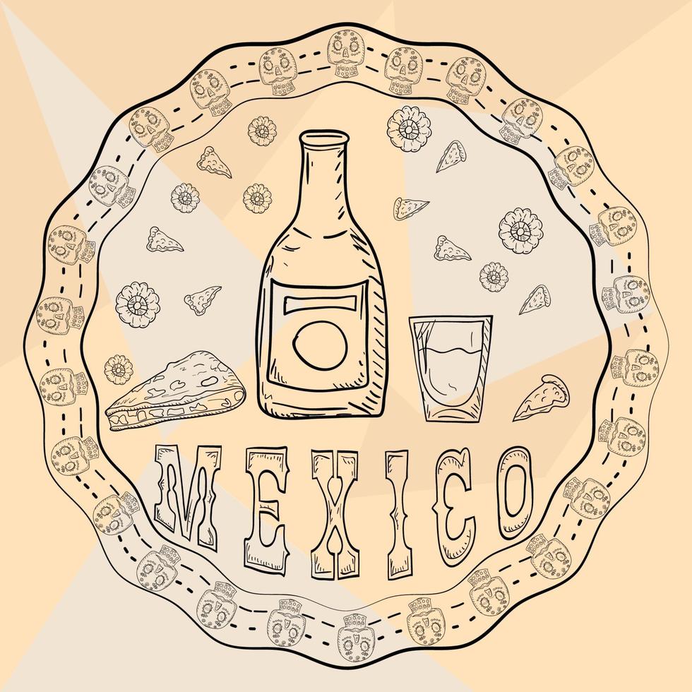 Ilustración de contorno pegatina de ornamento circular con calaveras tema mexicano para diseño de decoración vector