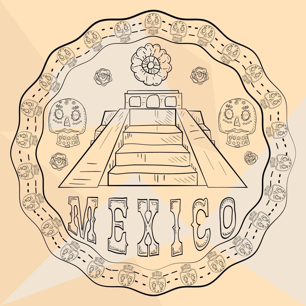 Ilustración de contorno pegatina de ornamento circular con calaveras tema mexicano para diseño de decoración vector