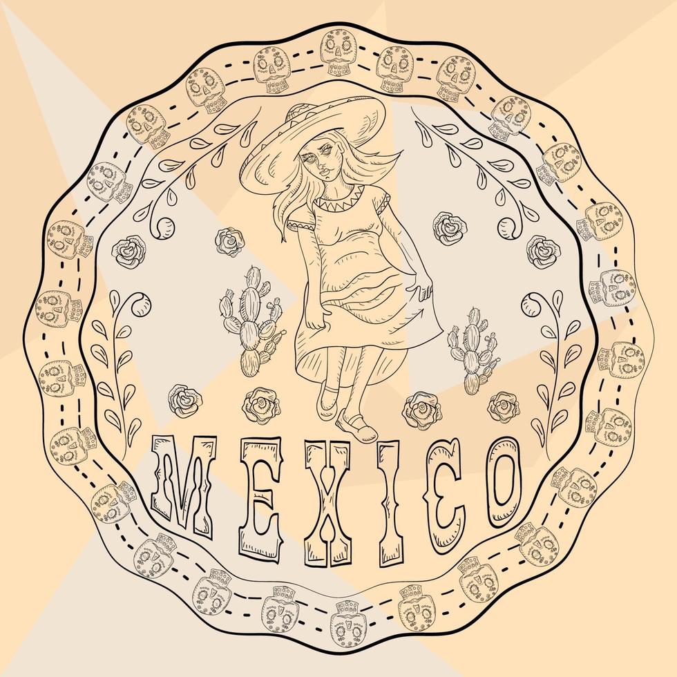 Ilustración de contorno pegatina de ornamento circular con calaveras tema mexicano para diseño de decoración vector