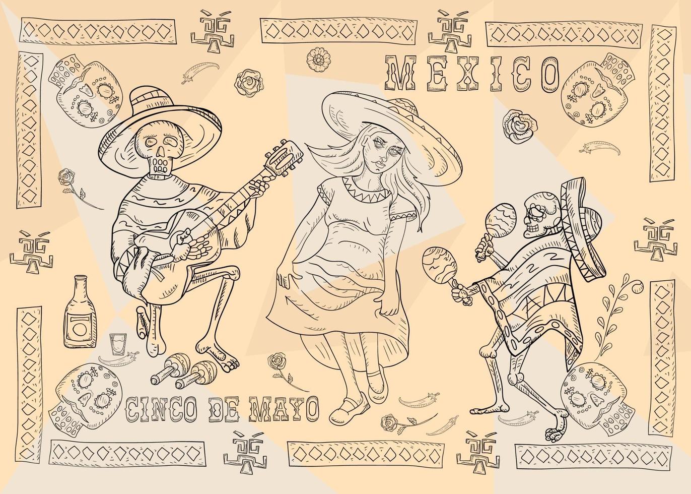 Pegatina de diseño de cartel de ilustración de contorno con marco de patrón tema mexicano para decoración de eventos y fondos vector