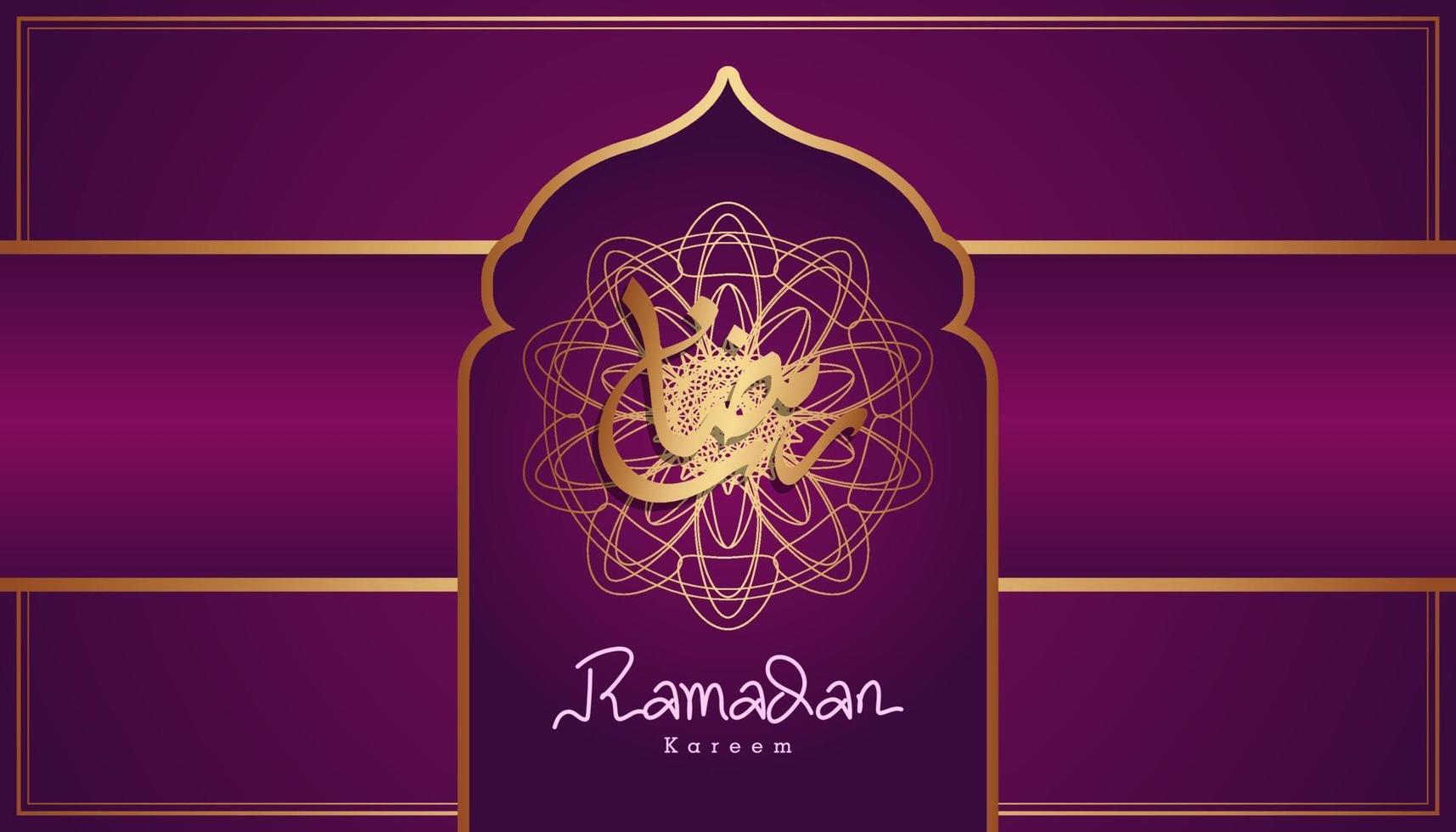 Beautiful purple and gold Arabic calligraphy Ramadan Kareem text and ornamental pattern design background. Vector Illustration
