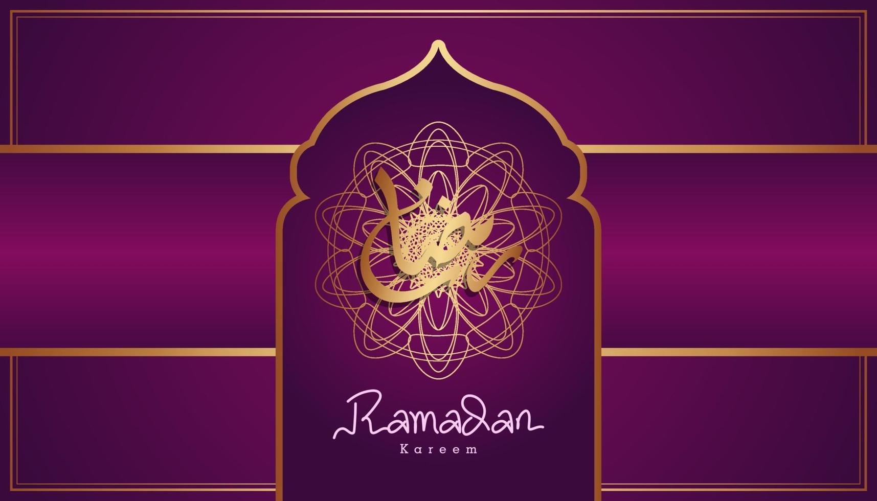 hermoso texto de Ramadán Kareem de caligrafía árabe púrpura y oro y fondo de diseño de patrón ornamental. ilustración vectorial vector