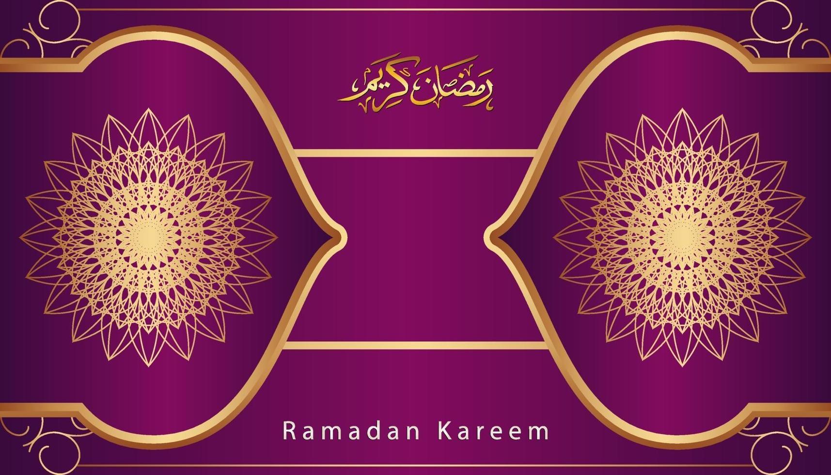 Beautiful purple and gold Arabic calligraphy Ramadan Kareem text and ornamental pattern design background. Vector Illustration