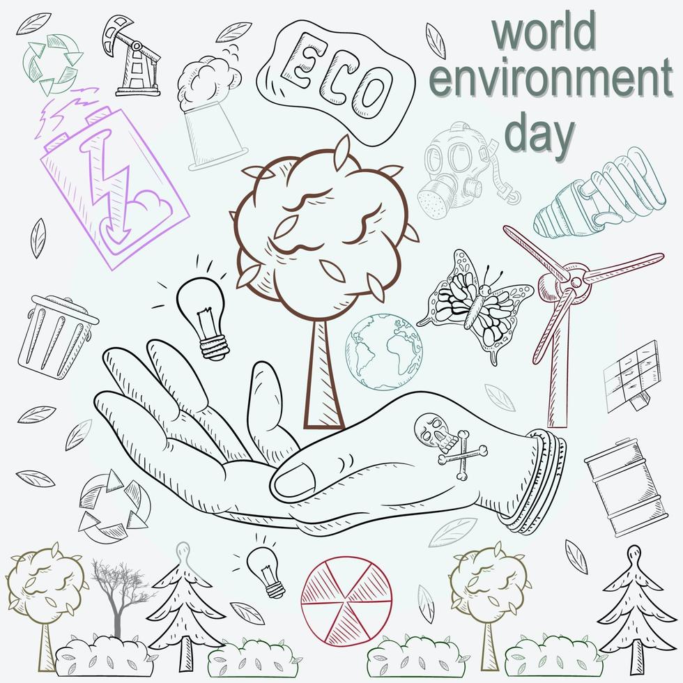 Ilustración de contorno para el diseño de varios objetos de la vida humana, tema del día mundial del medio ambiente. vector