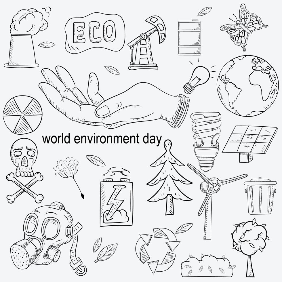 Ilustración de contorno para el diseño de varios objetos de la vida humana, tema del día mundial del medio ambiente. vector