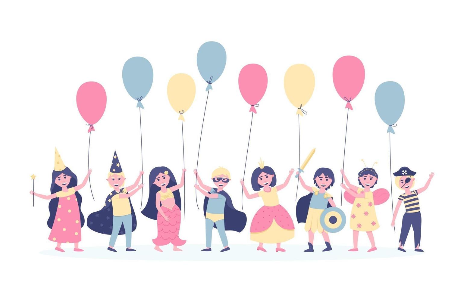 niños con globos en disfraces de carnaval para su cumpleaños. vector