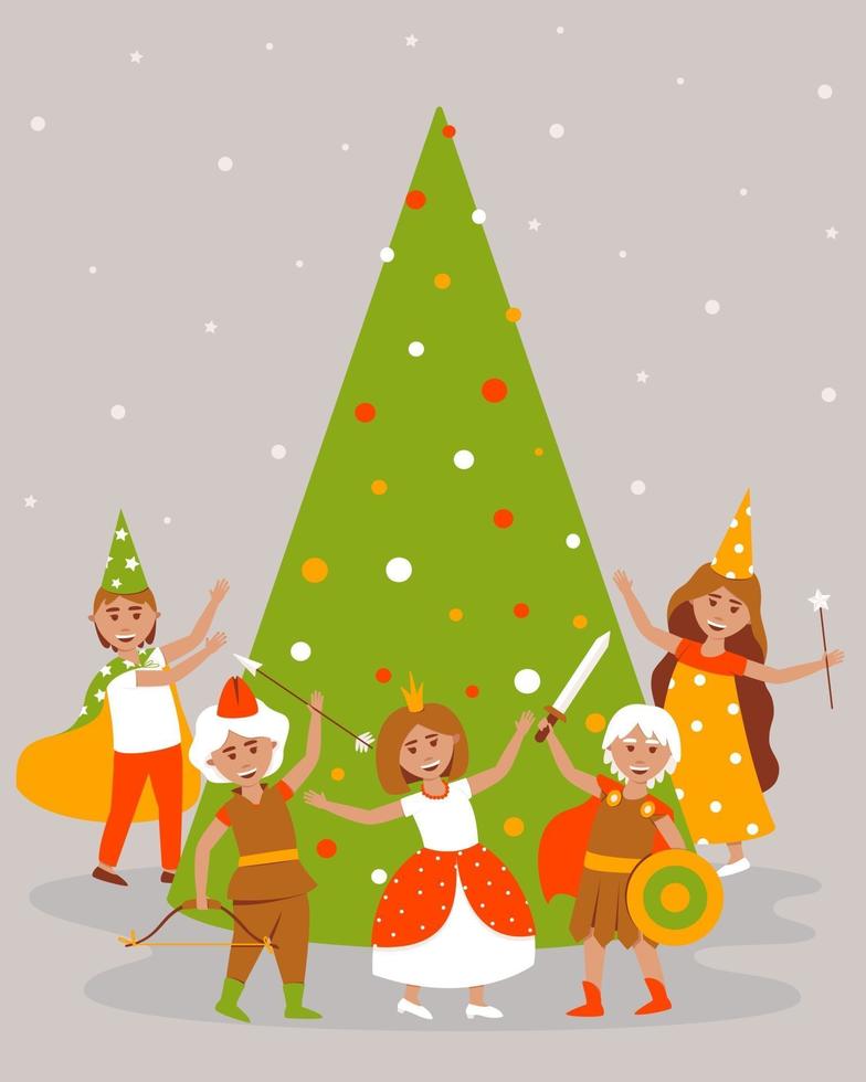 Children in carnival costumes dance around the Christmas tree vector