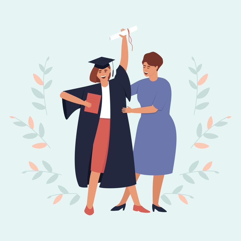 Mom looks at her graduate daughter with a diploma and a scroll vector