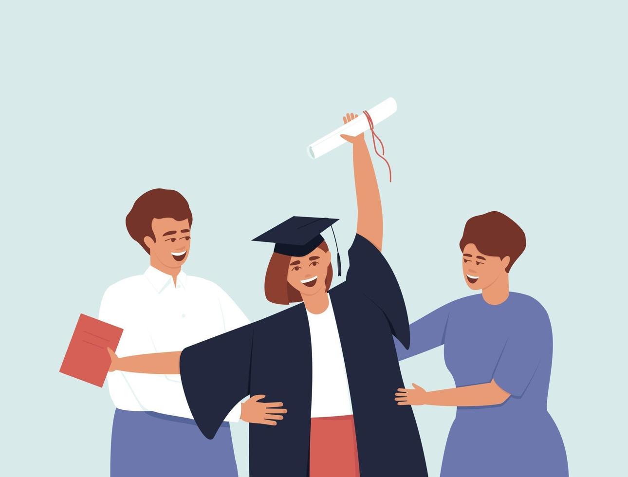 Graduate in graduation gown and cap with parents close-up vector