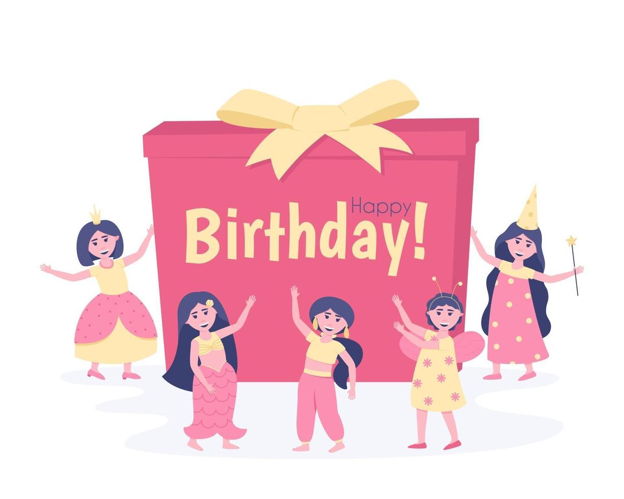 Girls with a gift in carnival costumes for their birthday vector