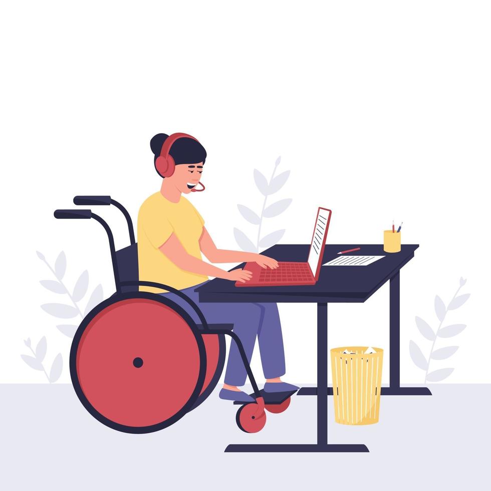 Disabled girl behind a laptop in headphones with a microphone vector