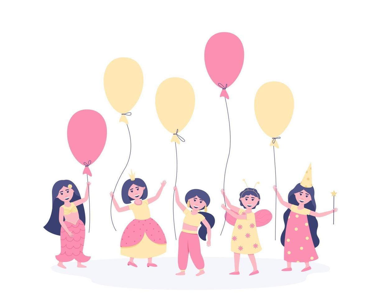 niñas con globos en disfraces de carnaval en su cumpleaños vector