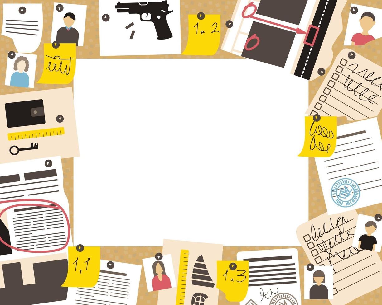 A frame with the advancement of a detective investigation on a cork board vector