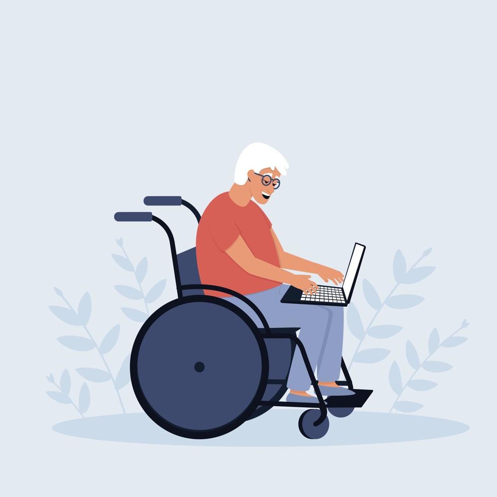 An elderly man in a wheelchair works on a laptop vector