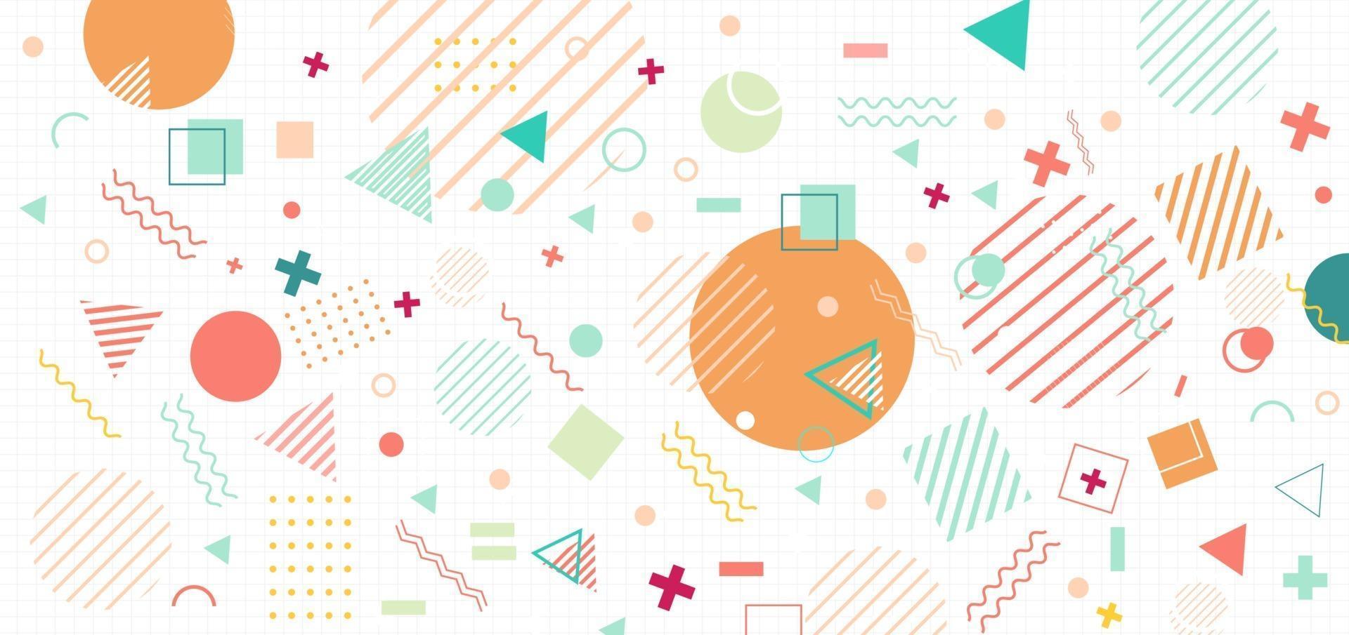 Memphis geometric background. Colorful shapes pattern, vivid coloring texture on grid white background. For posters. vector