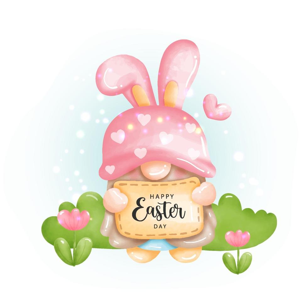 feliz día de pascua con lindo gnomo y huevos de pascua. pintura digital vector