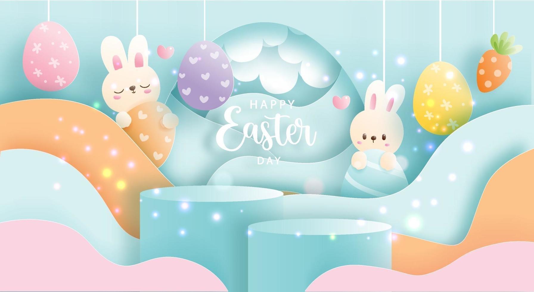 Happy Easter day with cute rabbit and round podium for product display. vector