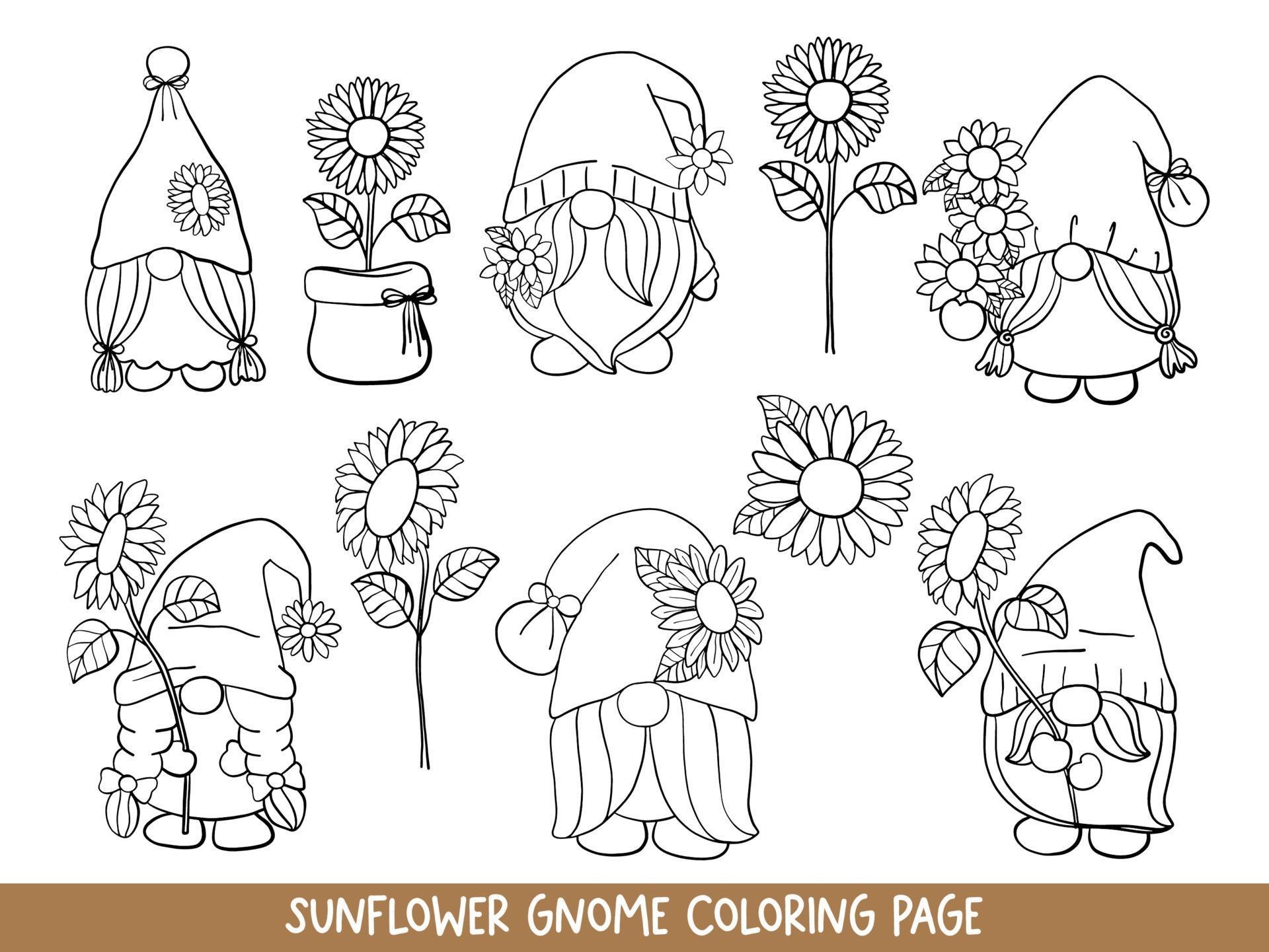 Sunflower Gnomes Doodle, Sunflower Gnome Coloring Page. 2241626 Vector