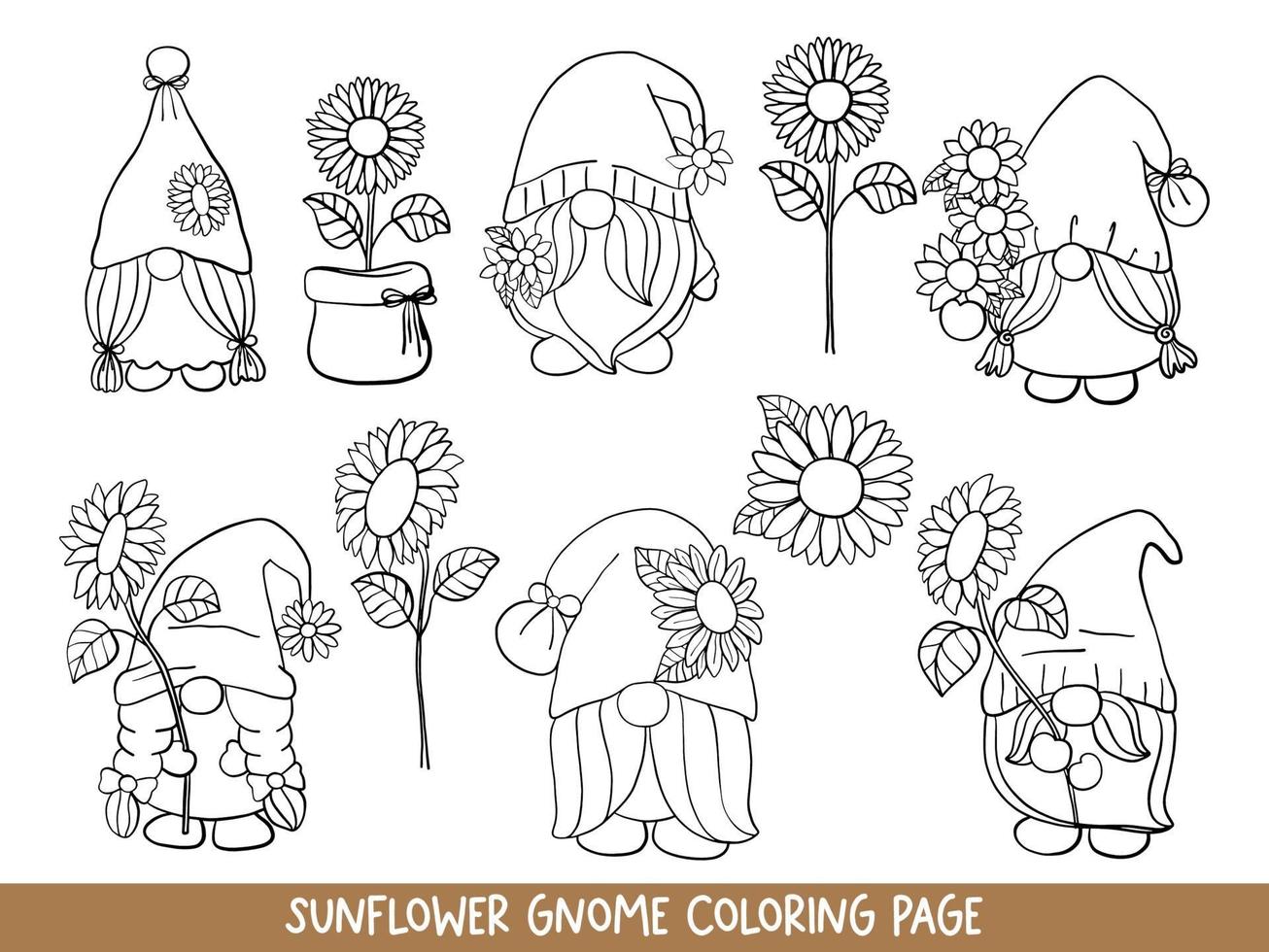 Doodle de gnomos de girasol, página para colorear de gnomo de girasol. vector