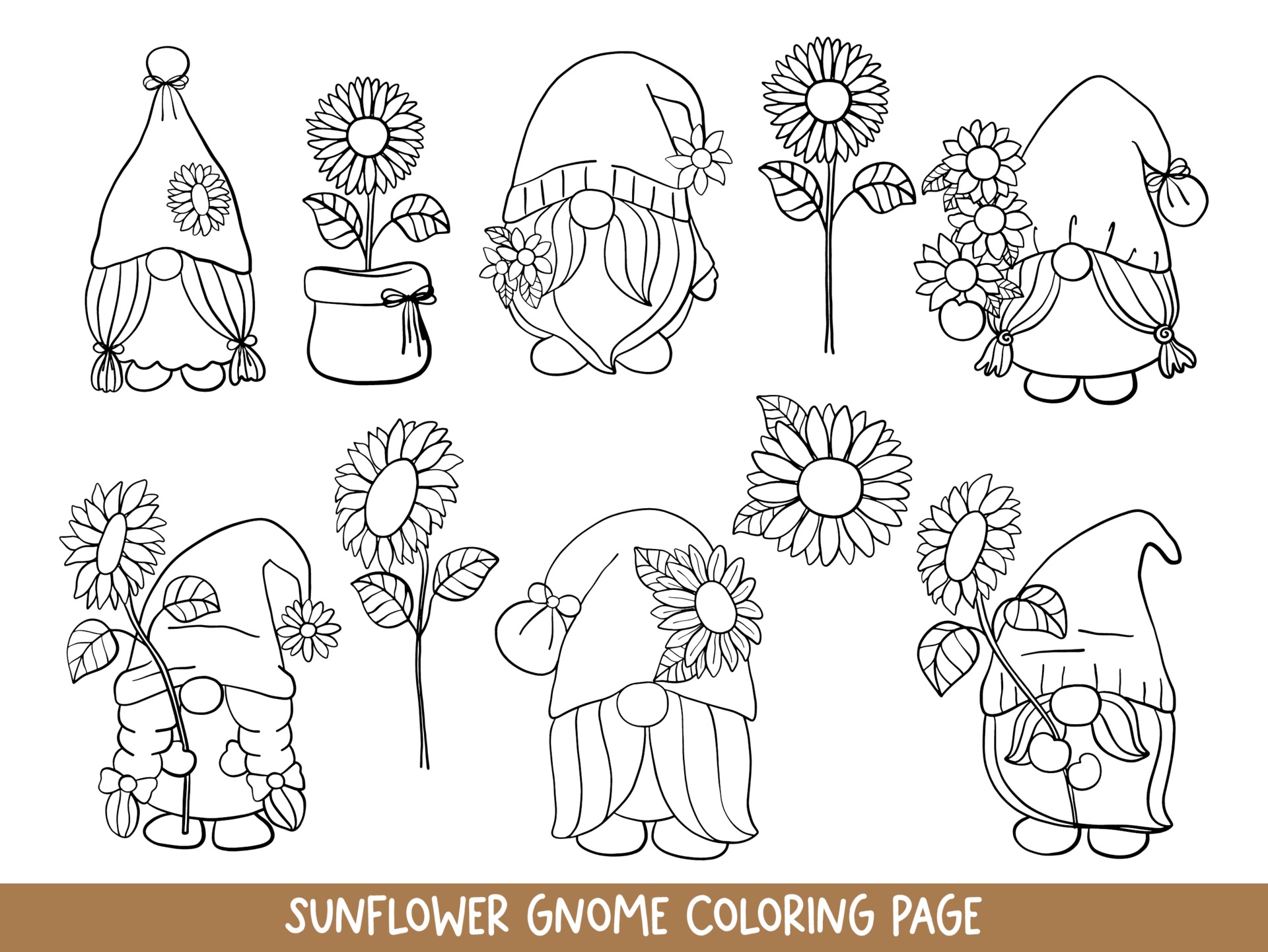 Sunflower Gnomes Doodle Sunflower Gnome Coloring Page Vector