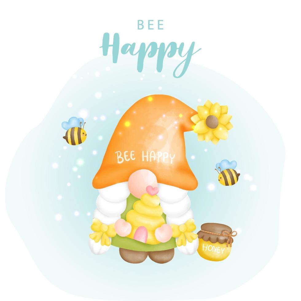 Bee happy with cute gnome and bees, Digital paint vector