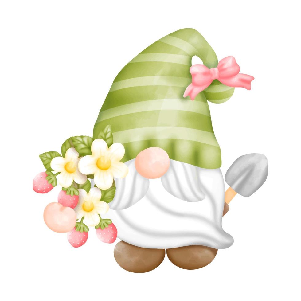 Pintura digital acuarela gnomos de fresa aislados sobre fondo blanco. Tarjeta de felicitación linda de la temporada de primavera del gnomo. vector