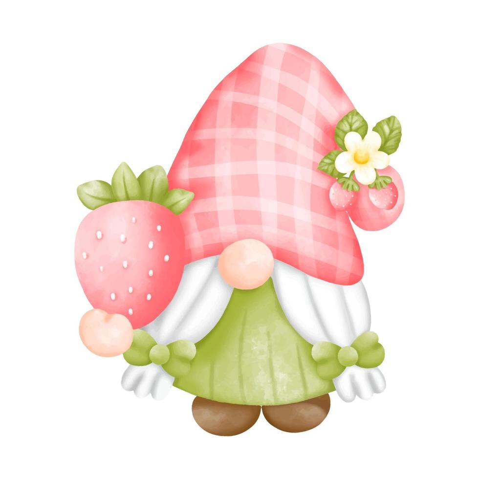 Digital paint watercolor strawberry gnomes isolated on white background. Cute gnome spring season greeting card. vector