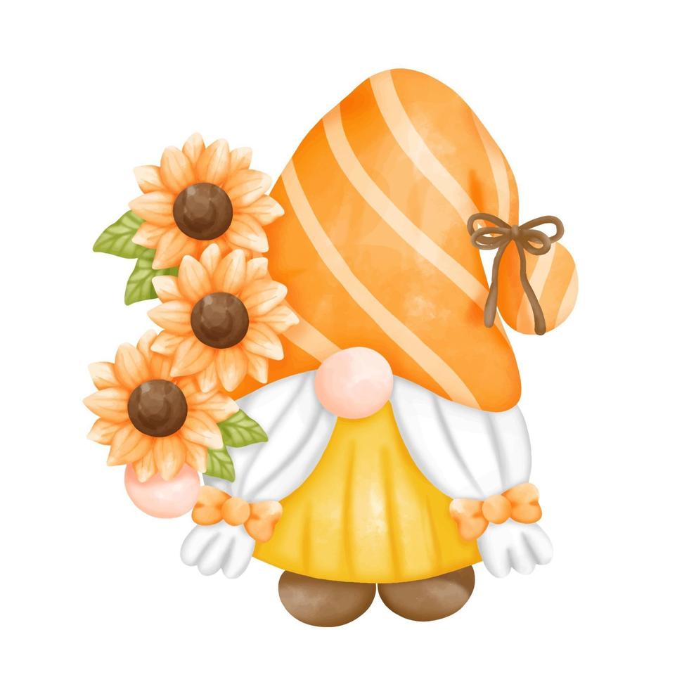 Digital paint watercolor sunflower gnomes isolated on white background. Cute gnome spring season greeting card. vector