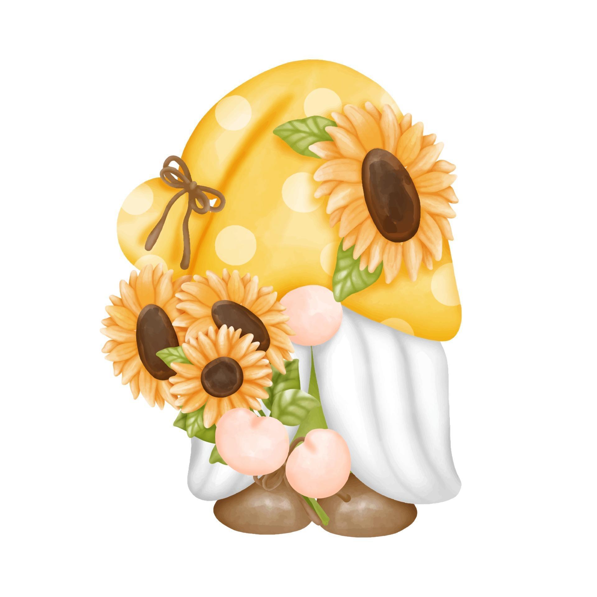 Digital paint watercolor sunflower gnomes isolated on white background