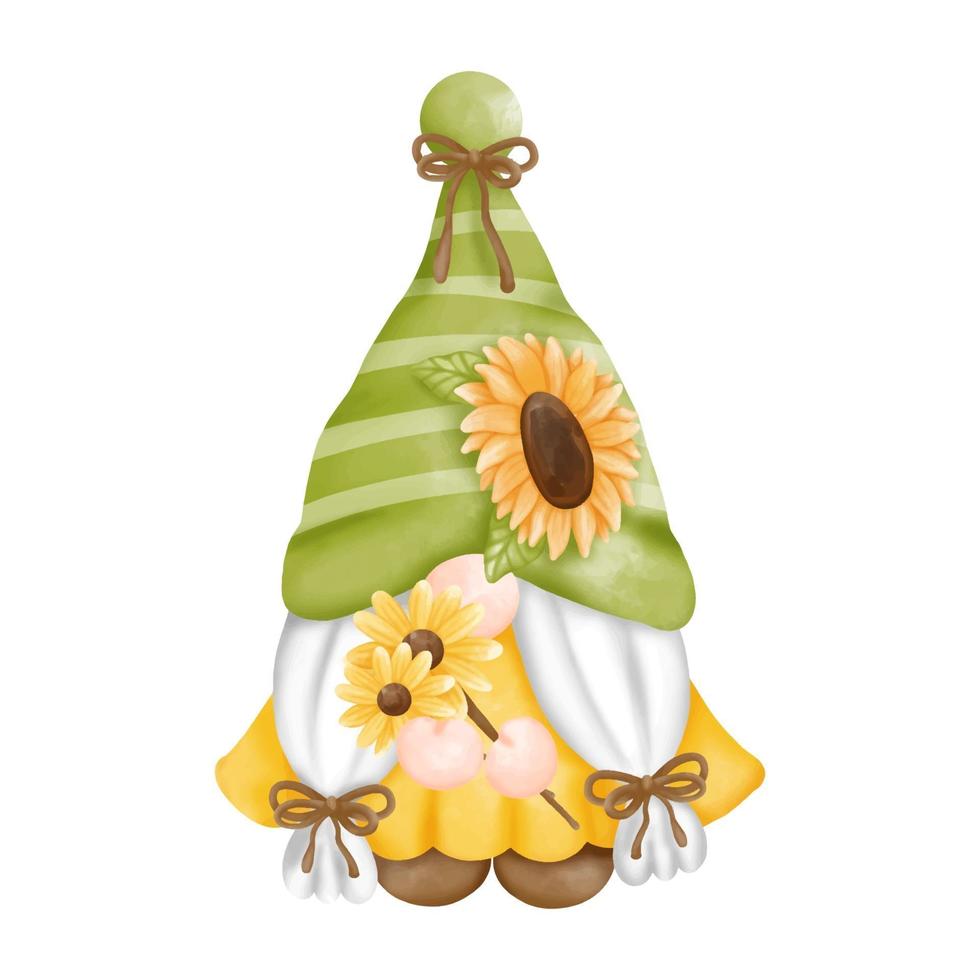 Gnomos de girasol acuarela pintura digital aislados sobre fondo blanco. Tarjeta de felicitación linda de la temporada de primavera del gnomo. vector