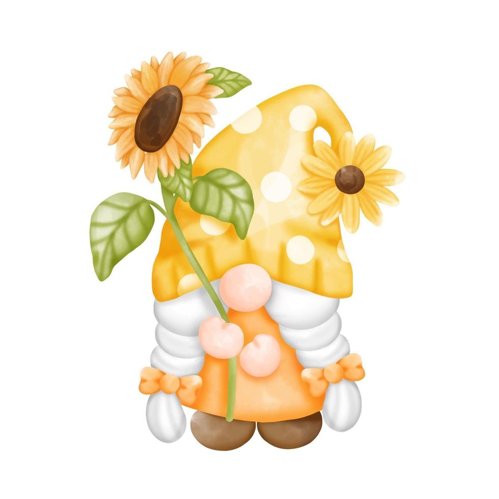 Digital paint watercolor sunflower gnomes isolated on white background. Cute gnome spring season greeting card. vector